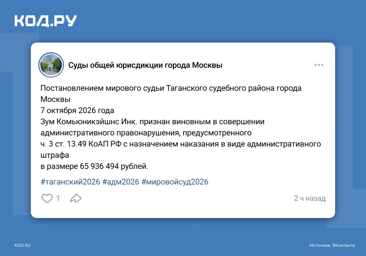 Пост от сообщества «Суды общей юрисдикции города Москвы» о штрафе Zoom на 65 936 494 рубля.