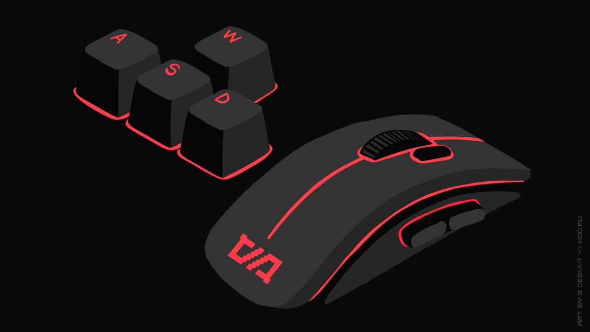 Черная игровая мышь с красной подсветкой и клавиши клавиатуры WASD.