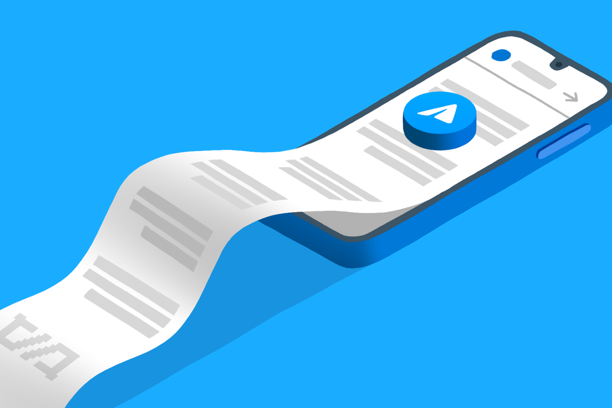 Смартфон с логотипом Telegram, экран изогнут в белую ленту с серыми полосами.