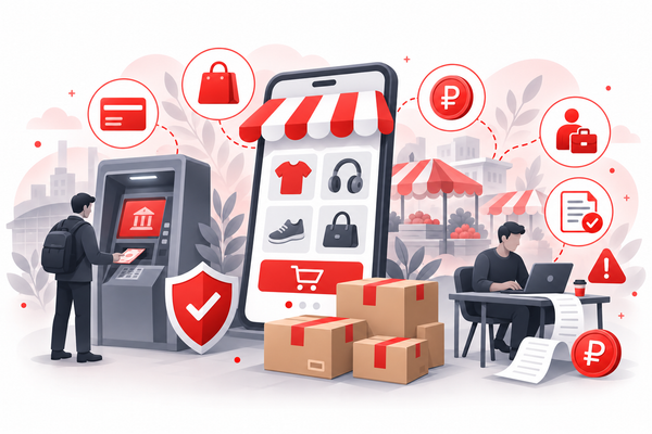 Банкомат, смартфон с маркетплейсом, коробки, ноутбук, иконки платежей и документов